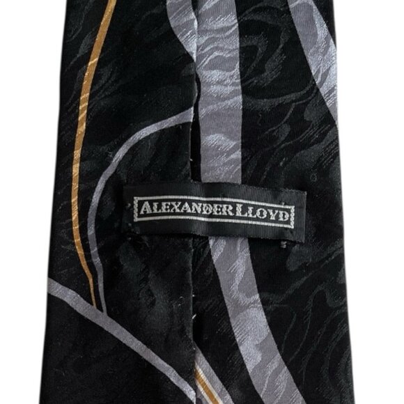 Alexander Lloyd Men’s Silk Tie – Geometric Diamond Pattern – Black, Gold, Gray – - Picture 4 of 4